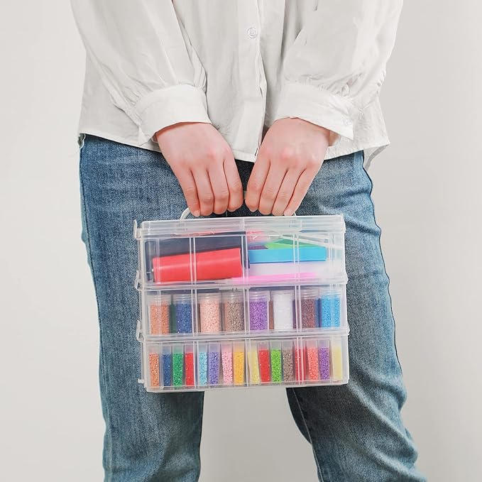 Douorgan 3-Tier Diamond Painting Storage Containers Diamonds Organizers and Storage Stackable Diamond Painting Tools Box Portable Diamond Beads Storage Box, 80+40 Slots with Tool Set