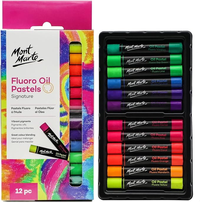 Mont Marte Fluoro Oil Pastels Signature 12pc, 12 Assorted Colors, Vibrant Oil Pastel Set, Great Blending and Layering, Ideal for Art, Craft, Coloring and Sketching