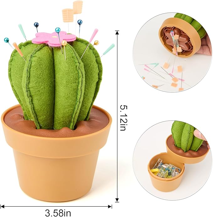 Cactus-Shaped Pin Cushion in a Pot with Included Sewing Notions | Magnetic Pin Holder | Cute Décor for Sewing Desks | Perfect Gift for Quilters, Sewers, Applique & Patchwork Crafters