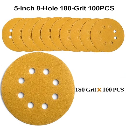 5-Inch 8-Hole Hook and Loop Sanding Discs 180-Grit Random Orbit Sandpaper, 100-Pack