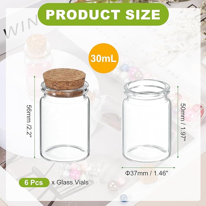 uxcell 6Pcs Mini Glass Bottles with Cork Stoppers, 30ml Small Clear Bottles Glass Empty Jars Vials for DIY Crafts Party Wedding Decor Favors