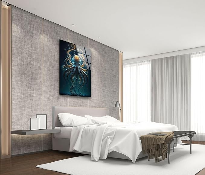 My Photostation.com 18Wx28H'' Underwater Blue Octopus Glass Wall Art Tempered Glass Printing Wall Decor Large Wall Art Wall Hangings