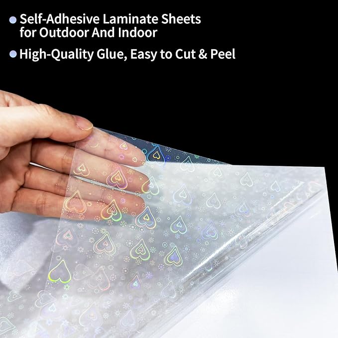 36 Sheets Holographic Sticker Paper,Holographic Laminate Sheets,A4 Size Clear Vinyl Sticker Sheets Self-Adhesive Rainbow Overlay Sheets,11.7 x 8.3 Inches（Heart）
