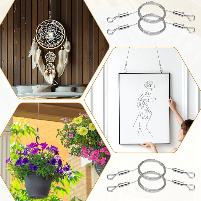 6PCS Heavy Duty Picture Hanging Wire 9.8ft X 1.5mm Mirror Frame Hanging Kit Adjustable Stainless Steel Rope for Pictures, Mirrors, Frames, Artwork, Light Lamp and Billboards, Supports up to 66lbs