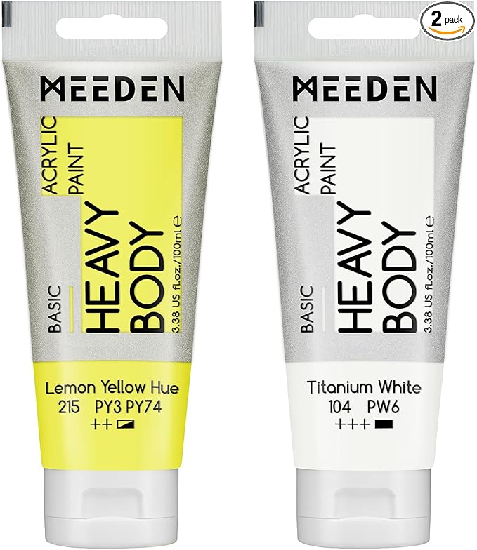 MEEDEN Acrylic Paint Lemon Yellow Hue: 100ml/3.38oz Heavy Body Acrylic Paint Tube Bundled with Additional Titanium White Color for Art Craft Painting