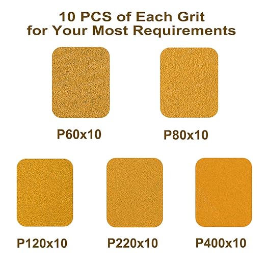 5-Inch 8-Hole Hook and Loop Sanding Discs, 60/80/120/220/400 Assorted Grits Gold Sanding Disc for Random Orbital Sander, 50-Pack