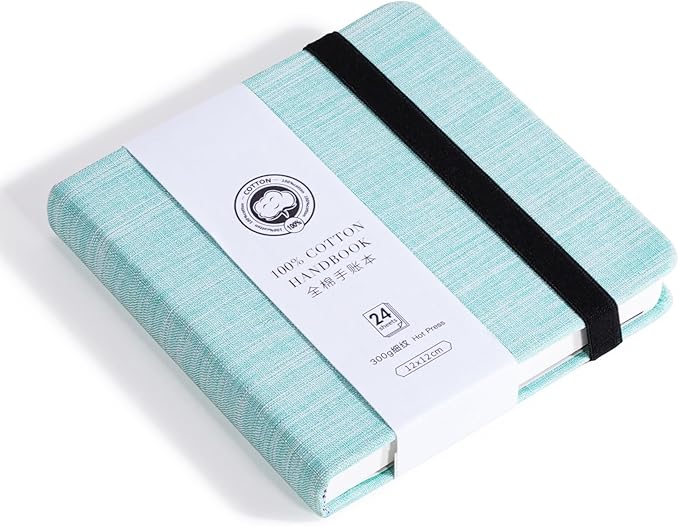 Lightwish Square Watercolor Journal,100% Cotton,300gsm/140lb,Acid-Free,24 Sheets Hot Press Watecolor Sketchbook for Artists Adults Students,4.7 * 4.7 Inches(Light Green)