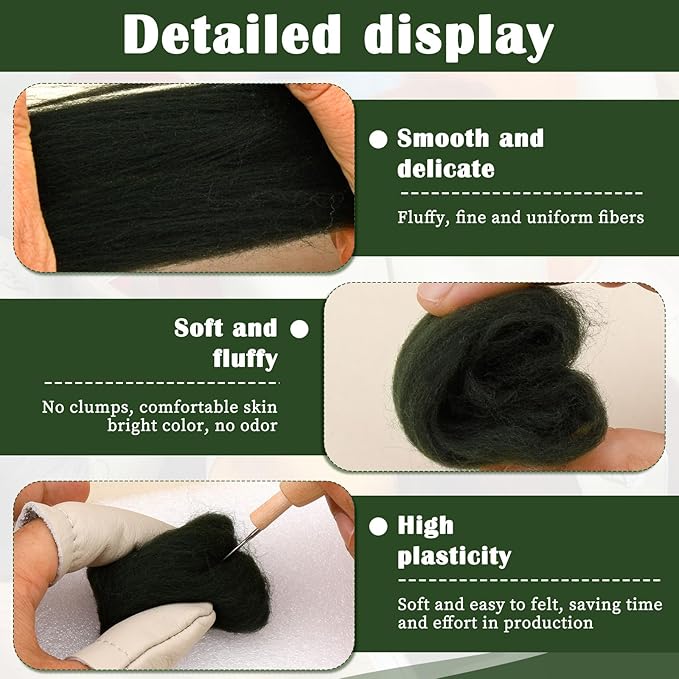 Mayboos Wool Roving Yarn, 1.76oz Colored Natural Wool Roving,Wool Felting Supplies Pure Wool Chunky Yarn for Wet Felting handcrafts and Spinning (Dark Green Color)
