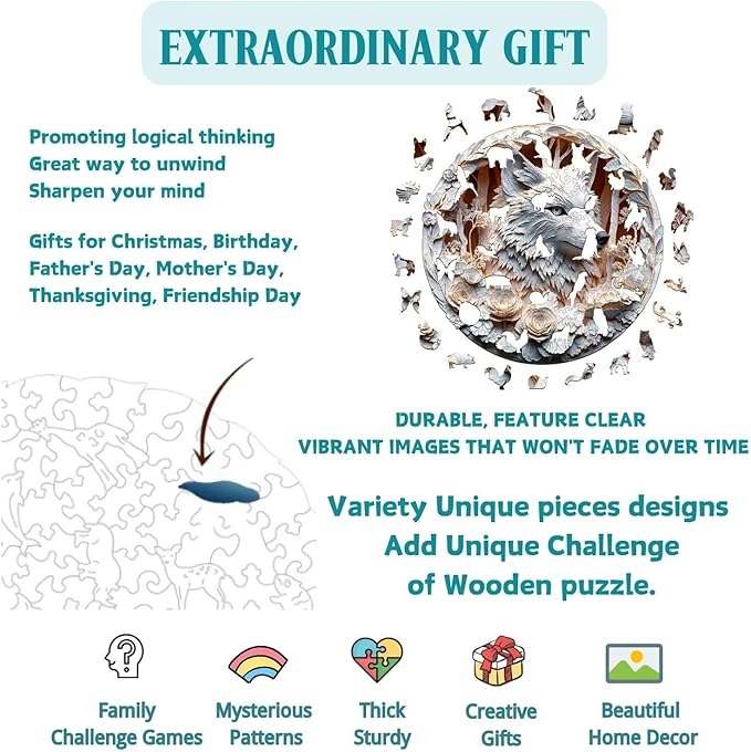Wooden Puzzles Adults, 3D Wolf Wooden Puzzles 200 Pieces, Unique Animal Shaped Wood Challenging Jigsaw Puzzles Gifts for Adults, 11.4x11.4in