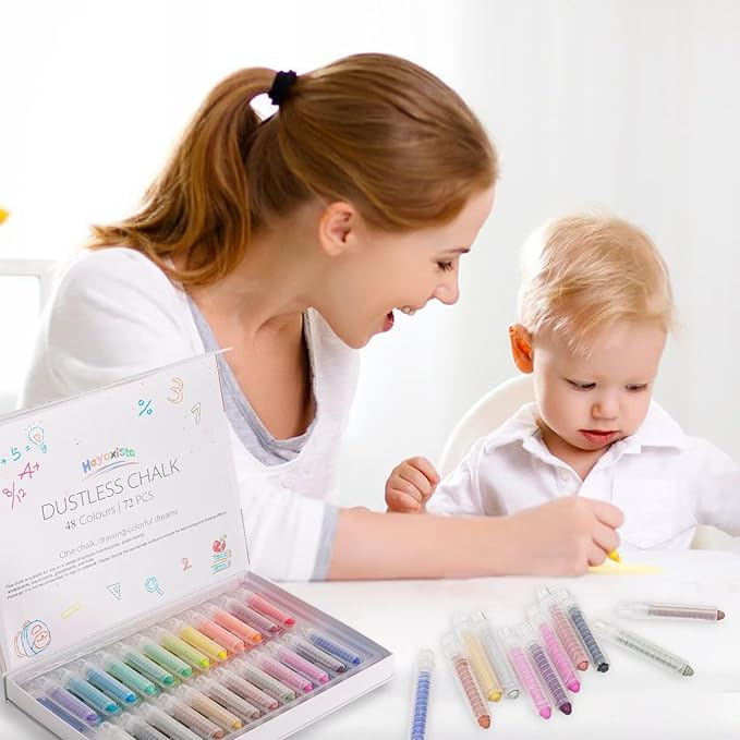 72Pcs Colored Dustless Washable Drawing Chalk Artists Set with 24 Holder - Non-Toxic Art & Drawing Supplies for Kids,Works on Glass/Paper/Wood/Tile (Avoid Rough Textures,Not For ROUGH Chalkboard Use)