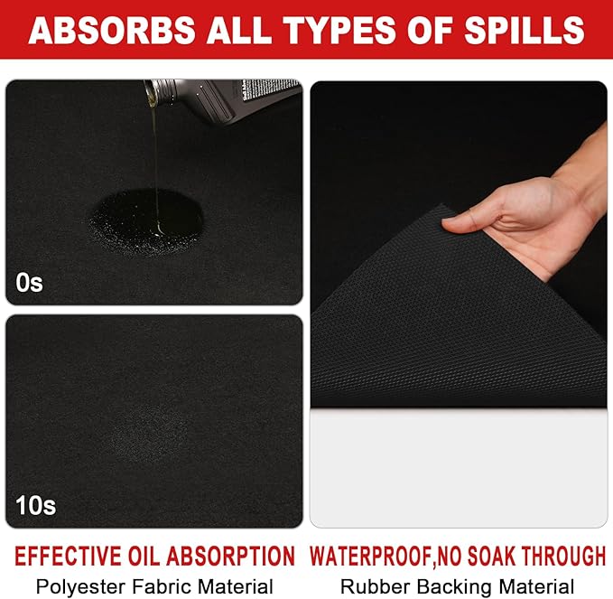 Golener Oil Spill Mat - Garage Floor Mat, Absorbent Oil Pad, Premium Maintenance Mat, Waterproof, Contain Liquid, Protect Garage Surface from Spill & Stain, Reusable, Washable, Durable, Black, 36”x59”