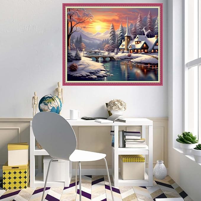 Disnesart Cross Stitch Stamped Full Embroidery Kits DIY 11CT Cotton Thread Printed DIY Needlepoint Kits Craft Needlework Set Cross-Stitch Stamped Sets-Winter Snow Scenery 16x20 inch