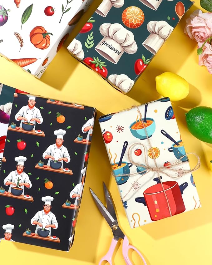 Pineraap 12 Sheets Chef Cooking Wrapping Paper, Vegetable Cooking Theme Gift Wrap Paper for Baker, Tomato, Chef Design Folded Flat Art Paper for Birthday, Kitchen Gifts, DIY Crafts, 19.7 x 27.6 Inch