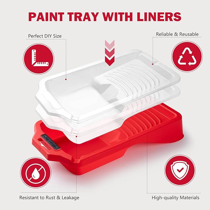 Mister Rui 4 Inch Paint Tray Liners 8-Pack with Lid - Reusable, Solvent-Proof Plastic Roller Tray Refills for Leak-Free Painting, Fits Mister Rui Red Trays