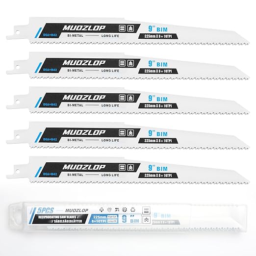 5 Pack 9 inch Reciprocating Saw Blades Set,8+10TPI High Carbon Saw Blades,Metal Saw Blades with Organizer Case (5, 8+10TPI/225mm)