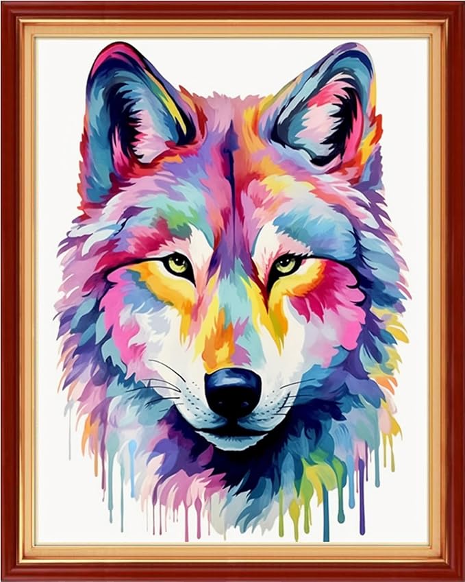 Magxvouy Cross Stitch Kits Stamped Full Range of Embroidery Kits,Cross Stitch Patterns Needlework Kits for Beginners 11CT Printed Kits&Colorful Wolf 16x20 inch