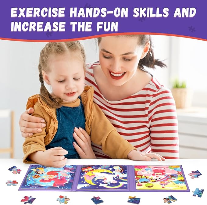 Magnetic Puzzles for Toddlers 1-3, Cartoon Mermaid Magnet 3 in 1 Jigsaw Puzzle, Kids Travel Puzzles Toys, Preschool Learning Toy for Kids 1-8 Year (Mermaid)