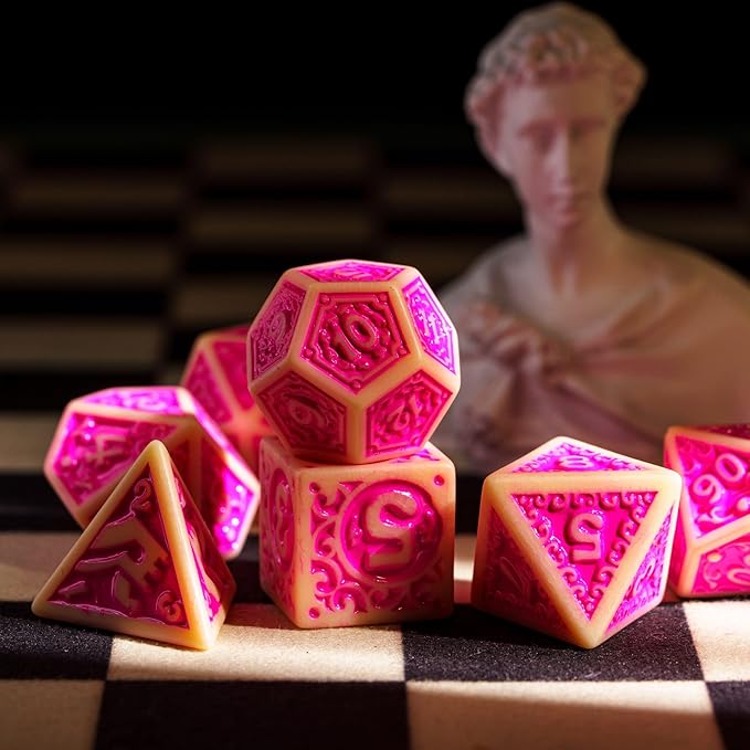 7-Die DND Dice Set New Pattern Polyhedral Dice Set with Leather Bag D&D Die for RPG Table Games(Yellow Pink)