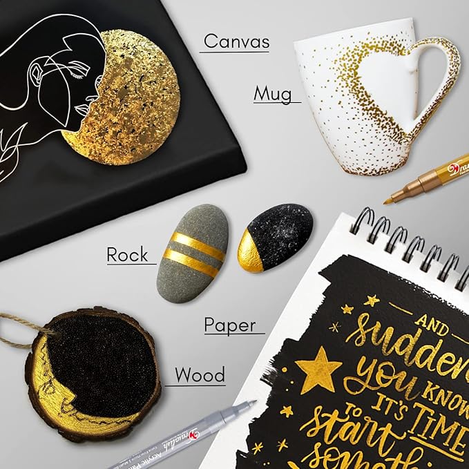 Acrylic Paint Pens - Permanent Markers 2 Gold Pens & 2 Silver Paint Marker Pen Set of 4 Acrylic Pen 0.7mm Extra Fine Tip - Ideal for Rock Painting, Fabric, Glass, Wood, Canvas, Ceramic, Porcelain