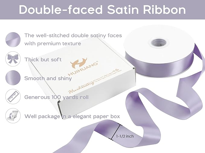 HUIHUANG Purple Satin Ribbon 1-1/2 inch x 100 Yards Lavender Color Double-Faced Satin Ribbon for Flower Bouquet, Gift Wrapping, Eternal Roses, DIY Crafts, Bridal Shower Wedding Decor