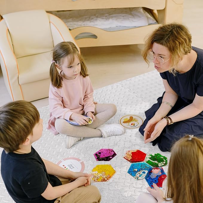 LONGKING 8-Pack Hexagon Liquid Tiles for Kids, Soft Gel Liquid Sensory Toys for Autistic Children, Sensory Mats, Sensory Toys for Toddlers 3-4