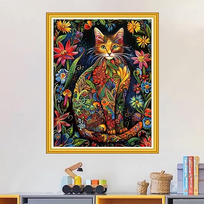 Magxvouy Cross Stitch Kits Stamped Full Range of Embroidery Kits,Cross Stitch Patterns Needlework Kits for Beginners 11CT Printed Kits&Cat Flowers 16x20 inch