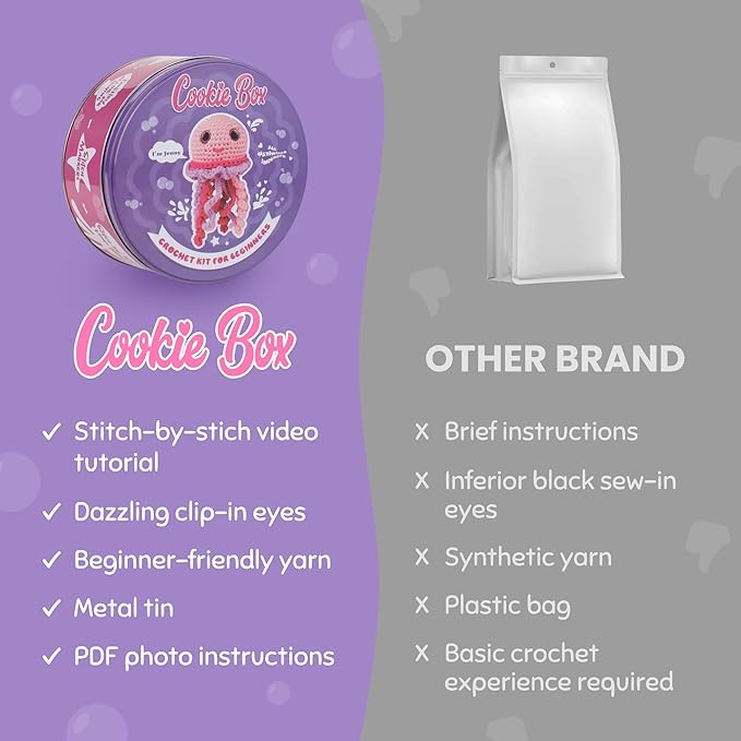Cookie Box Crochet Kit for Beginners – Gift Set to Make Jellyfish Jenny Amigurumi Plushie – Easy DIY Crochet & Knitting Starter Kit with Video and PDF Tutorials