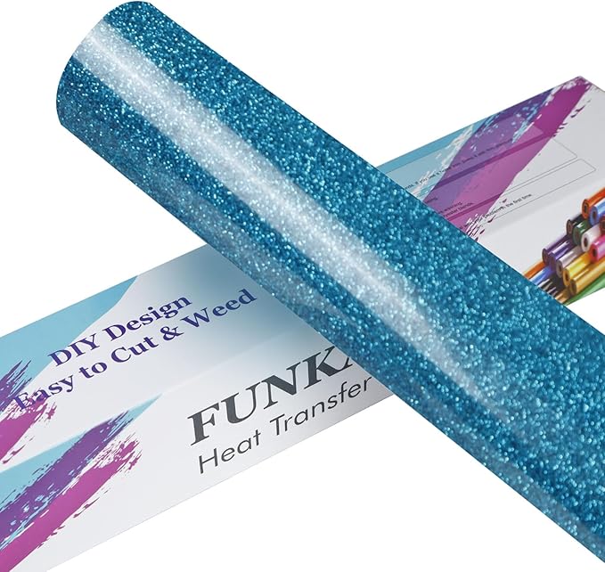 FUNKAKA Glitter Blue HTV Heat Transfer Vinyl Rolls, 12" x 8ft PU Iron on Vinyl for T-Shirt Blue Glitter HTV Vinyl for All Cutter Machines Easy to Cut & Weed for Heat Vinyl Design