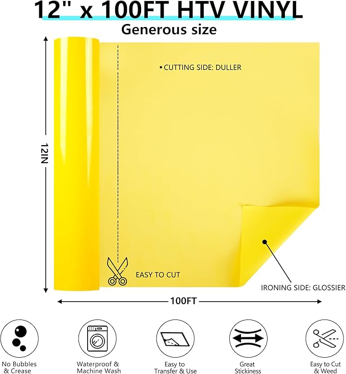Guangyintong Yellow HTV Heat Transfer Vinyl Rolls, 12" X 100ft Iron on Vinyl PVC Adhesive for T-Shirt, Easy to Cut & Weed for DIY Design