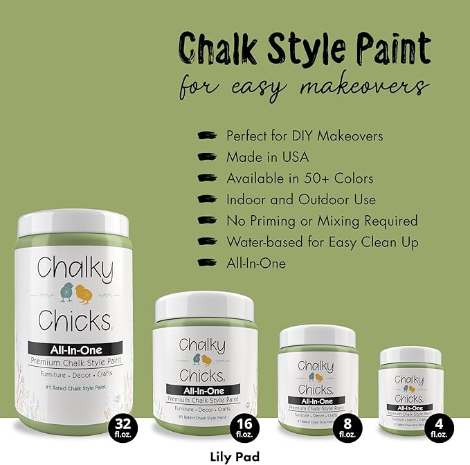 Chalky Chicks All-in-One Chalk Paint for Furniture or Cabinet - 4 Fl Oz - Matte Finish Lily Pad (Green) for Metal, Wood Furniture Paint - No Sanding All-in-One for Home Decor & Crafts, USA Made