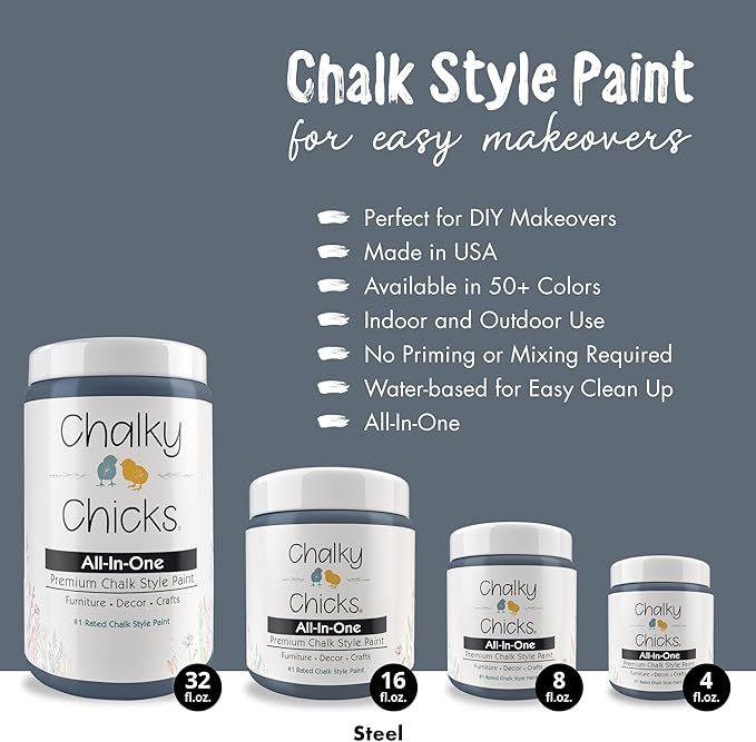 Chalky Chicks All-in-One Chalk Paint for Furniture or Cabinet - 8 Fl Oz - Matte Finish Blue Steel (Blue Gray) for Metal, Wood Furniture Paint - No Sanding All-in-One for Home Decor & Crafts, USA Made