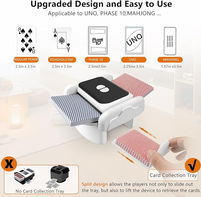 Automatic Card Shuffler，Rechargeable One-Click Card Shuffler for 1-2 Decks, Low Noise & Efficient Shuffling Machine, Portable Electric Card Shuffler for Poker, UNO, Blackjack, Skip-Bo, Phase 10