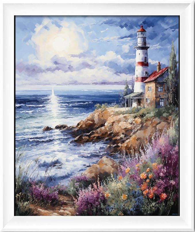 Leczany Cross Stitch Stamped Kit for Adults or Kids - Seaside Lighthouse | DIY Embroidery Starter Patterns Craft Kit Needlepoint for Beginner | 11CT, 3 Strands | 13.8x16.9 inches