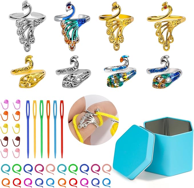 34 Pcs Adjustable Crochet Ring Set, 8 Pcs Knitting Ring, Tension Rings for Crocheting, Crochet Ring for Finger, Stitch Markers Plastic Needles for Crocheting, Crochet Accessories with Storage Box