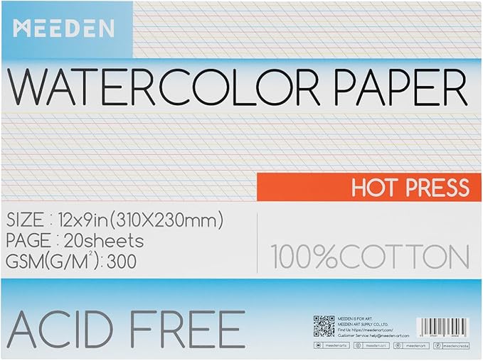 MEEDEN Watercolor Paper Block, 100% Cotton Watercolor Paper Pad of 20 Sheets, 140lb/300gsm, Acid-Free Art Paper for Watercolor, Gouache, Ink and More, 9" x 12" Hot Press