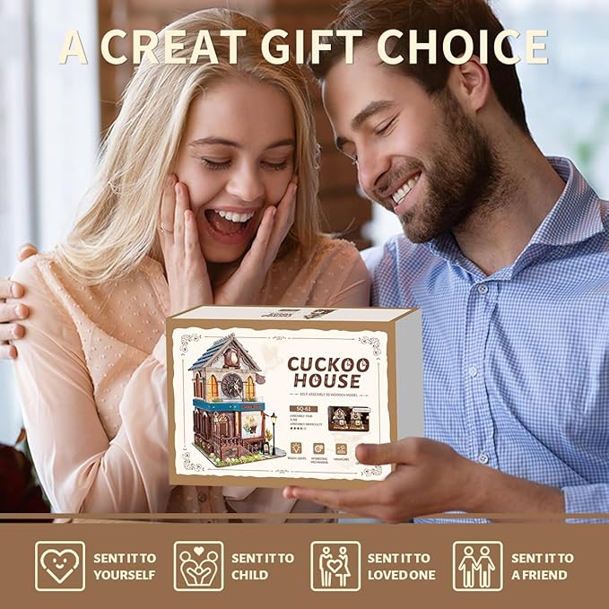 3D Wooden Puzzles - Miniature Cuckoo Clock House Kit, DIY Wooden Building Set for Adults and Teens, Mini Model Kit with 3-Mode Touch Switch - Cuckoo House (SQ-61)