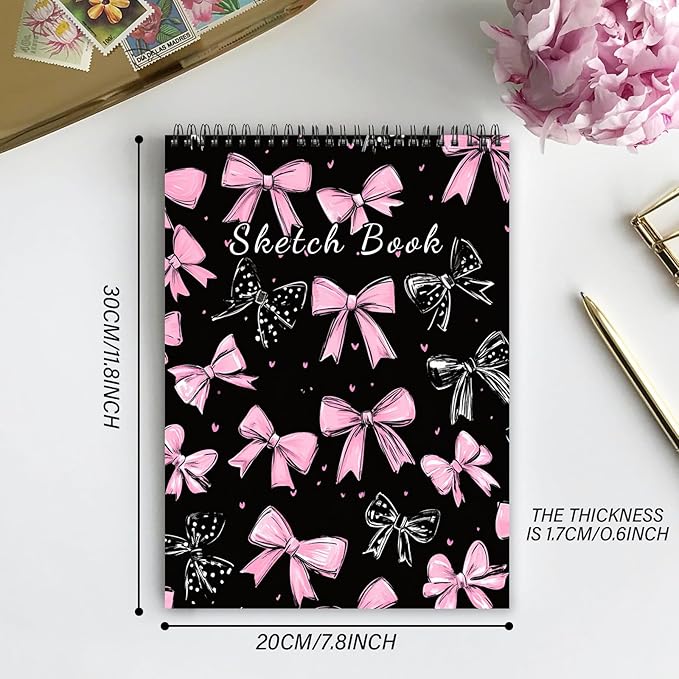 Cabreche Cute Sketchbook Top Spiral Bound Sketch Pad, 9 x 12 inch,100GSM Thick Paper,50 Sheets 100 Pages,Art Sketch Book Artistic Writing Drawing Paper for Girls Women Beginners-Black Pink Bowknot