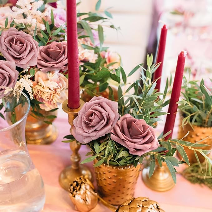 Artificial Flowers Foam Fake Roses 25pcs Dusty Rose Faux Roses with Stems for Home Decor DIY Wedding Bouquets Party Bridal Shower Centerpieces Faux Flower Arrangements Tables Decorations