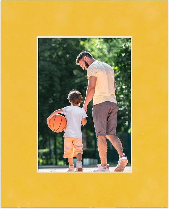 Pack of TEN 8x10 Mats Bevel Cut for 5.5x8.5 Photos - Acid Free Sunrise Yellow Suede Precut Matboards For Pictures, Photos, Framing - 4-ply Thickness