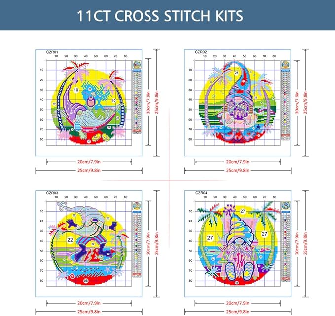ZuoAnLF 4 Packs Stamped Cross Stitch Kits for Adults,Stamped Cross-Stitch Needlepoint Counted Kits Beginners,Embroidery Kit Arts and Crafts for Home Decor 11CT,9.8 * 9.8inch (Gnome)