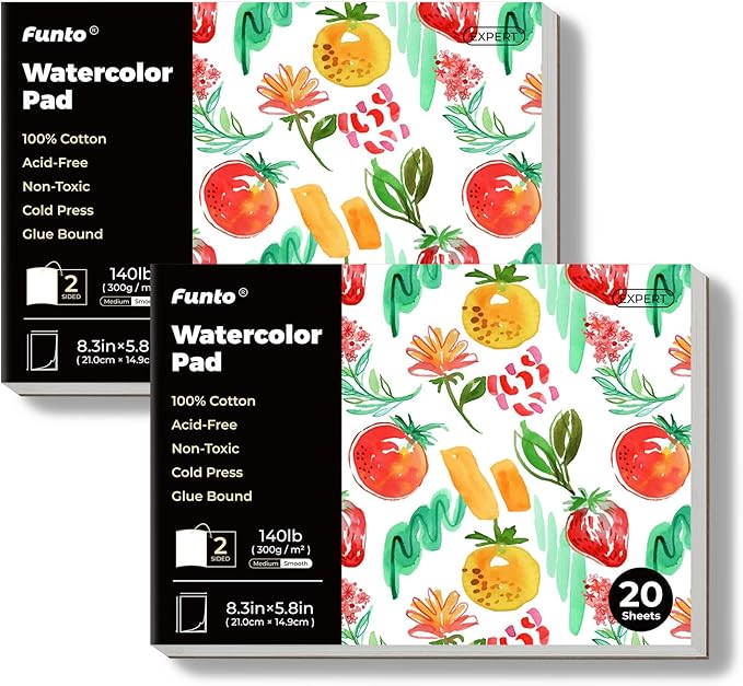 Funto Watercolor Pads, 2 Packs, 100% Cotton, 20 Sheets Each, 8.3x5.8, 140lb/300gsm, Glue Bound, Easy Tear Heavyweight Art Paper for Painting