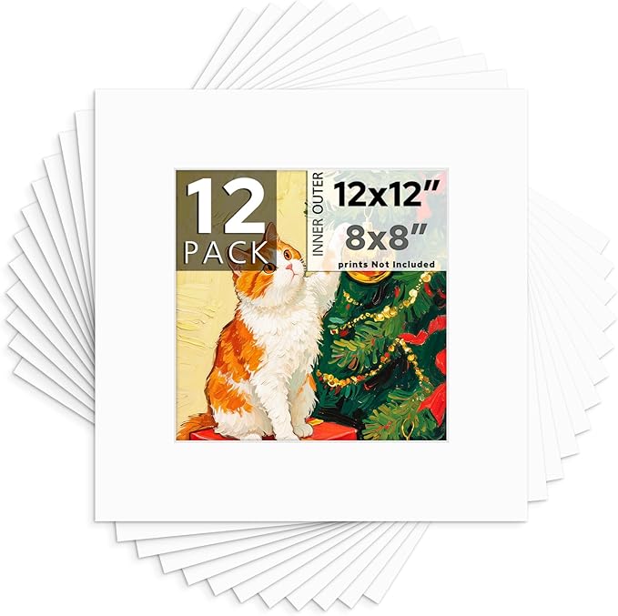 Mat Board Center, 12x12 White Mats for 8x8 Pictures - Acid Free, 4-ply Thickness, White Core, Bevel Cut - for Artworks, Photos, Framing - Pack of 12