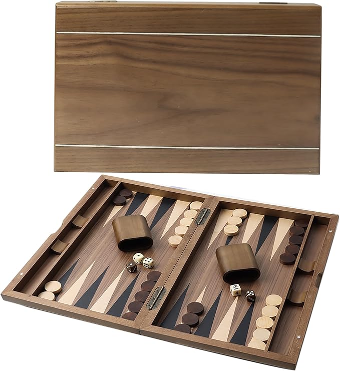GSE Games & Sports Expert Premium Wooden Folding Inlay Backgammon Board Set, Classic Traditional Strategy Board Games (Double Stripe- 17 Inches)