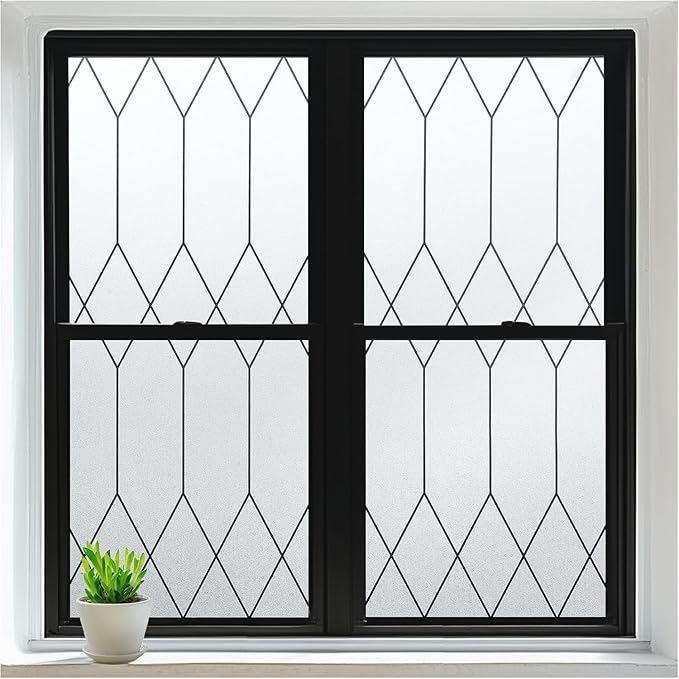 rabbitgoo Window Privacy Film for Glass Windows, Frosted Glass Cling with Decorative Moroccan Lattice, Removable Heat Control Sun Blocking Door Covering Sticker for Home Bathroom, 35.4 x 157.4 inches