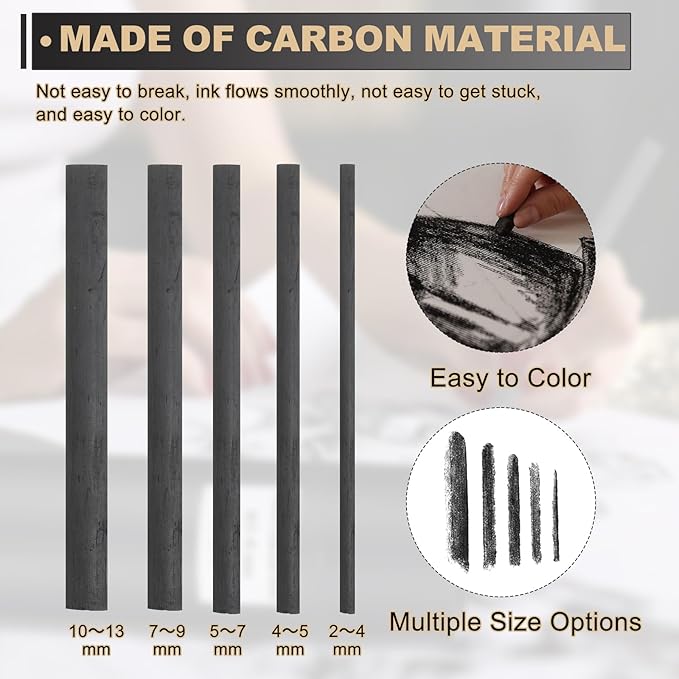 MECCANIXITY Willow Charcoal Sticks, 10-13mm Willow Charcoal Pencils Soft Sketch Vine Art Supplies Set for Drawing Sketching Shading Painting Artists Beginners (Black, Pack of 4)