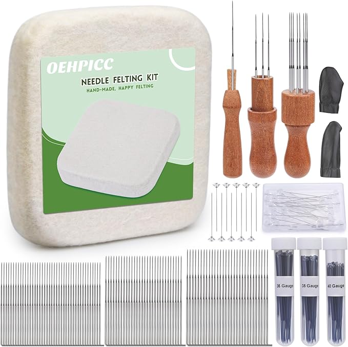 OEHPICC 128 Pcs Needle Felting Tools, 6×6 Inch Wool Felting Pad, 102 Pcs Felting Needles, Felting Tools with 3 Size Wooden Handle Holder for DIY Wool Felting Projects