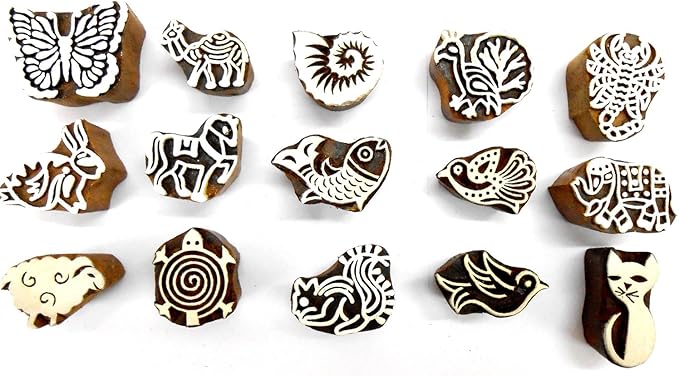 CraftsofIndia® Animals and Birds Wooden Blocks for Stamping, Block Printing on Textiles, Pottery Crafts,Henna, Scrapbooking, Wall Painting (Set of 15)