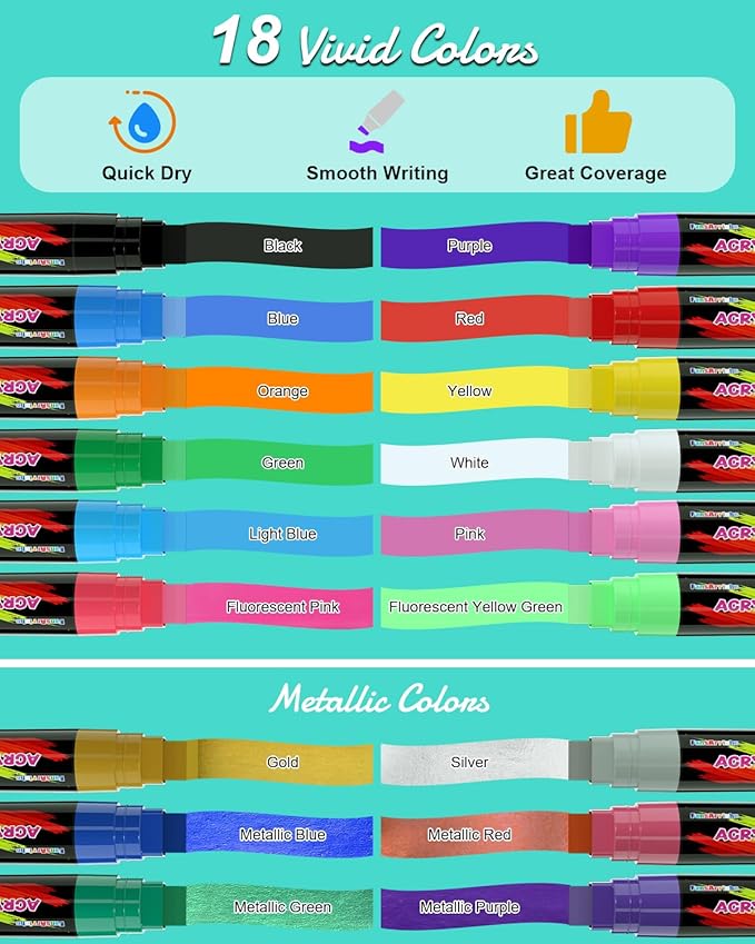 FansArriche Acrylic Paint Markers, 15mm Jumbo Felt Tip, 18 Colored Waterproof and Permanent Paint Pens for Tagging, Signs, Calligraphy, and Outdoor Paintings