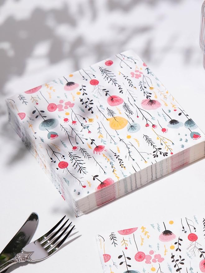 80 pcs Premium Designer Paper Napkins, 3-Ply 6.5x6.5-inches Disposable Decorative White Floral Napkin for Wedding Birthday Anniversary Lunch Dinner Party