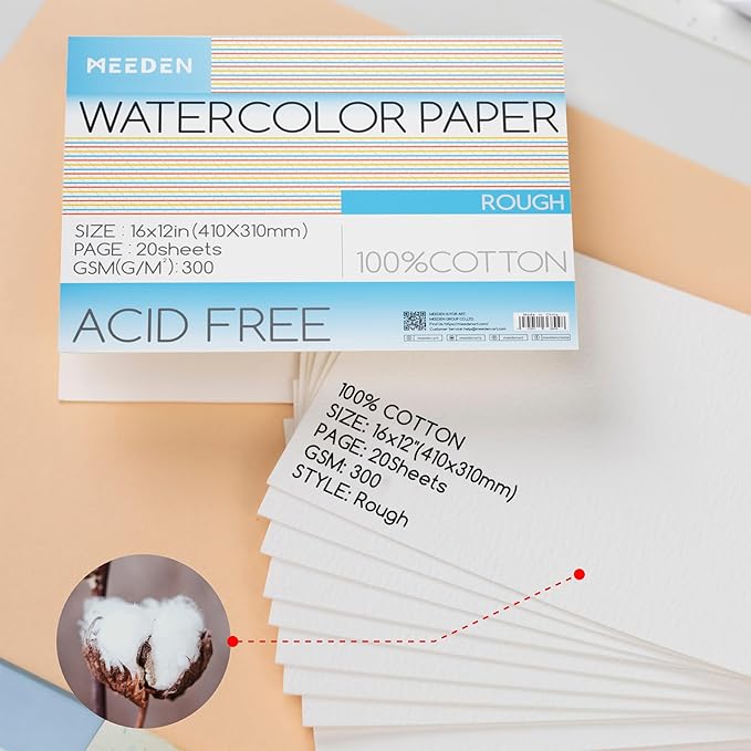 MEEDEN Watercolor Paper Block - 100% Cotton Watercolor Paper Pad of 20 Sheets, 140lb/300gsm, Acid-Free Art Paper for Watercolor, Gouache, Ink and More, 16" x 12" Rough
